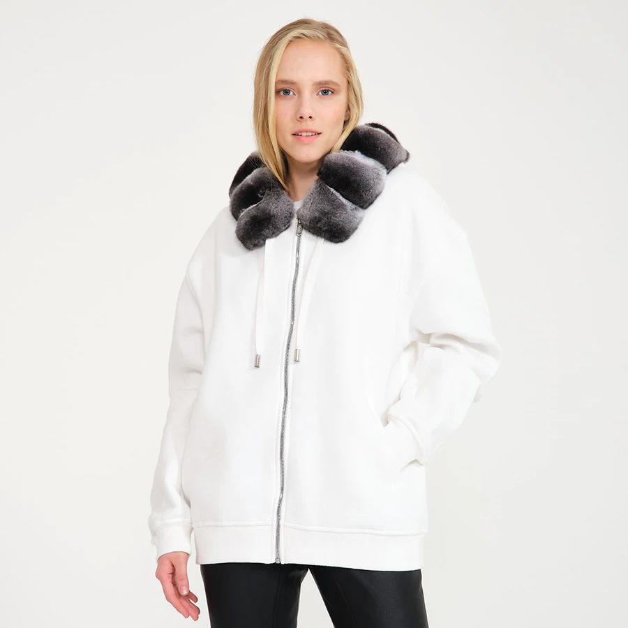 Veste à Capuche avec Col en Vraie Fourrure de Lapin Alberchilla pour Femme, Streetwear de Luxe avec Fermeture Éclair