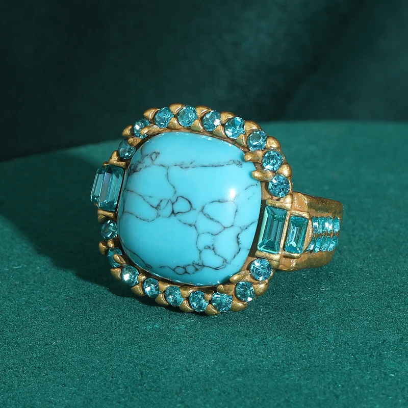 

Bohemian Jewelry Vintage Turquoise Ring Woman Blue Rhinestones Golld Color Luxury Quality Designer Antique Accessories 2025 New