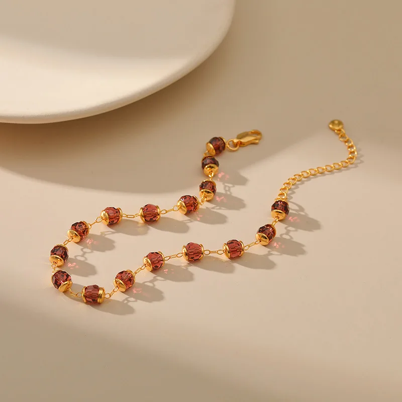 

Summer Fashion Coffee Colored Crystal Stone Bead Anklet for Women Adjustable Size Metal Fine Chain Foot Jewelry Accessories