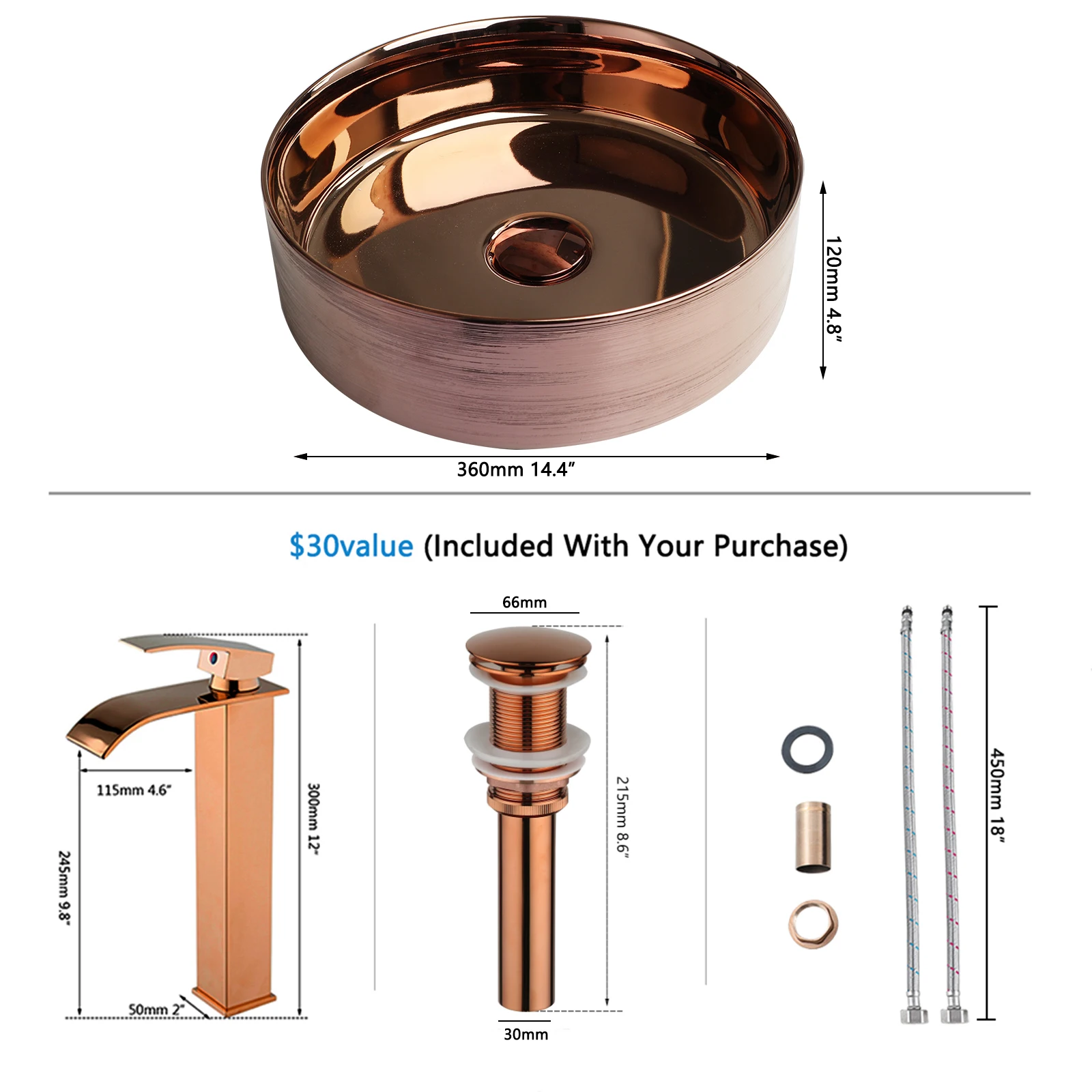 KEMAIDI 14.4'' Rose Gold Round Vessel Sink with Faucet Ceramic Vessel Sink Bathroom Sinks Above Counter Top Vessel Sink Tap Set