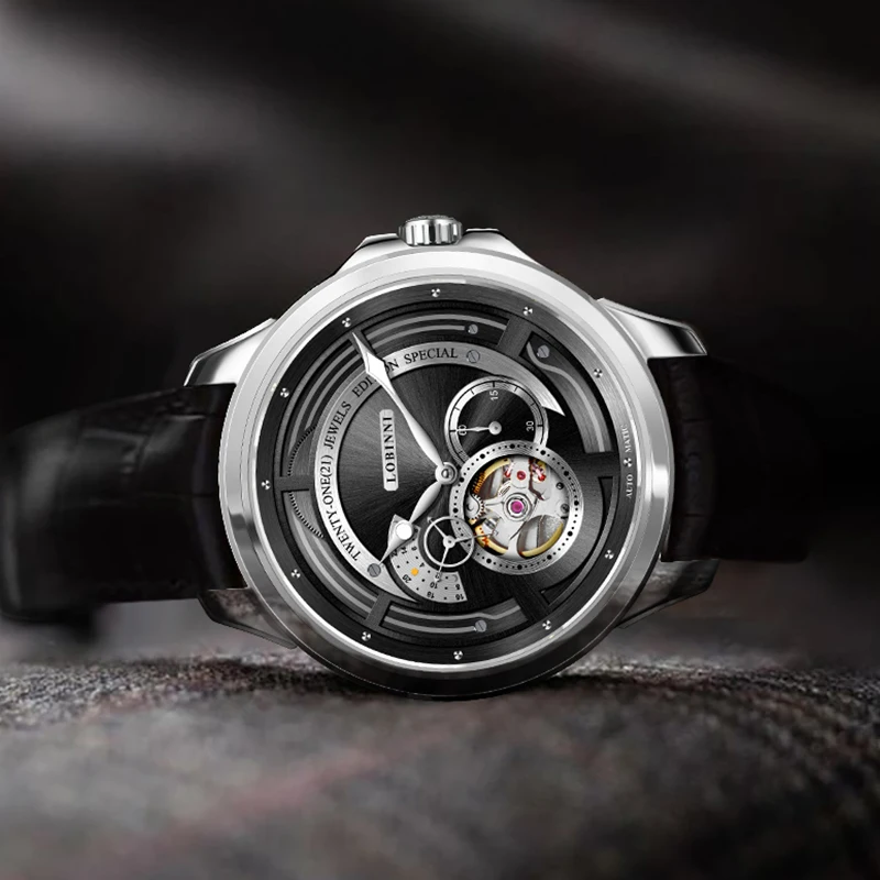 LOBINNI رجال الأعمال التلقائي ساعة اليد الميكانيكية متعددة الوظائف جوفاء دولاب الموازنة ساعة الياقوت الزجاج Waterpoor ساعة