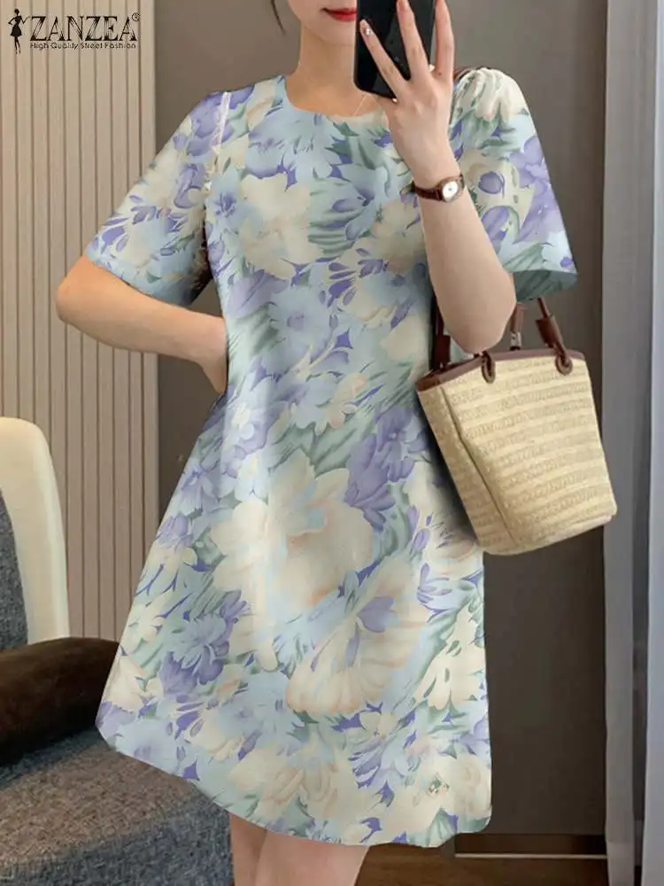 

ZANZEA Summer Holiday Floral Print Mini Dress Women Beach Bohemian Vestidos 2024 Fashion Round Neck Short Robes Oversiezd Dress