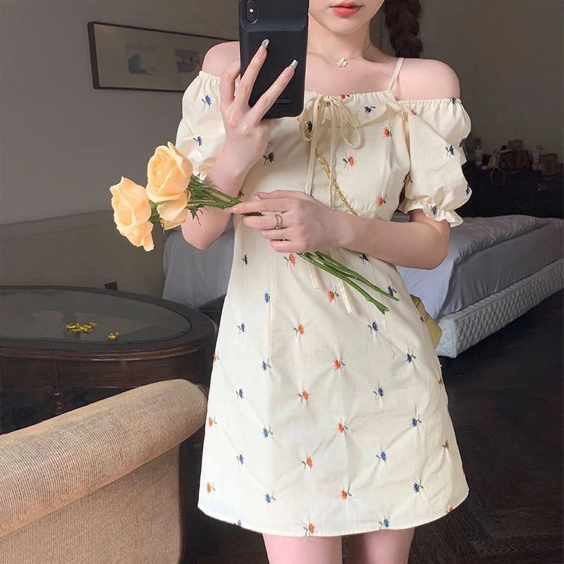 

Gentle Sweet Lace-up Floral Off Shoulder Summer A-line Women Short Dress
