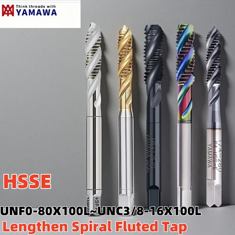 YAMAWA HSSE Lengthen  100MM American Spiral Fluted Tap TIN-Coating UNF UNC 0-80 2-56 4-40 8-32 10-24  1/4 5/16 Screw Thread Taps