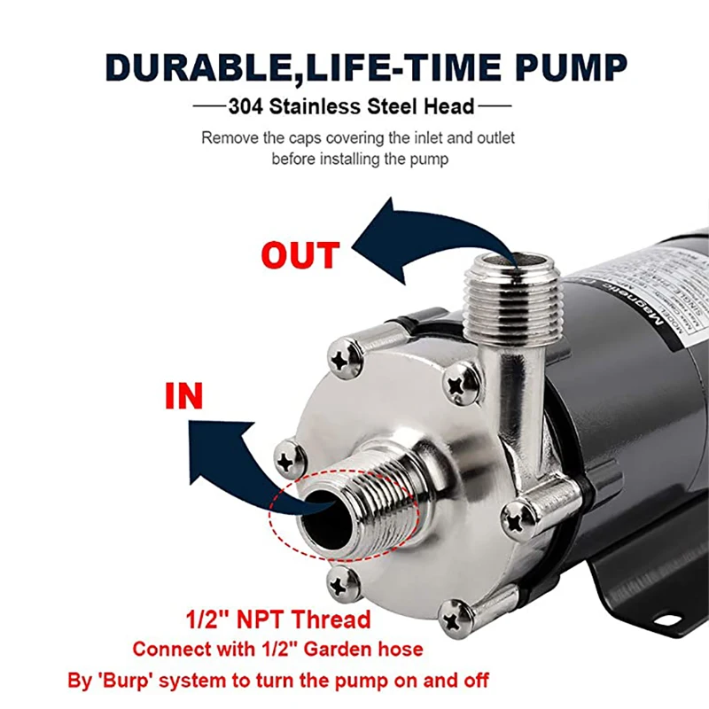 Food Grade Stainless Steel Head with 1/2’’ Inch Home Brewing High Temperature Resistance Pump.Upgrade Magnetic Beer Pump,
