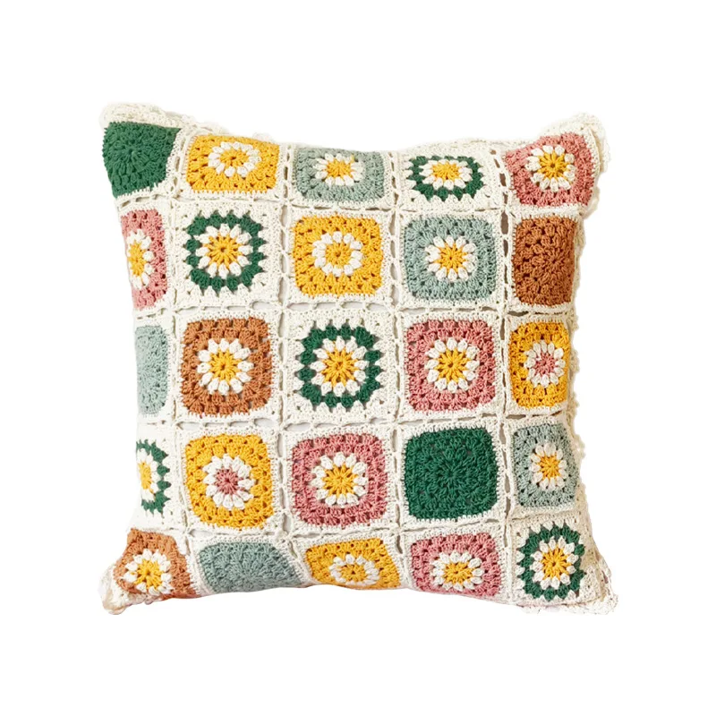 

CX crochet hand-woven plaid pillow cover, office colorful flower cushion