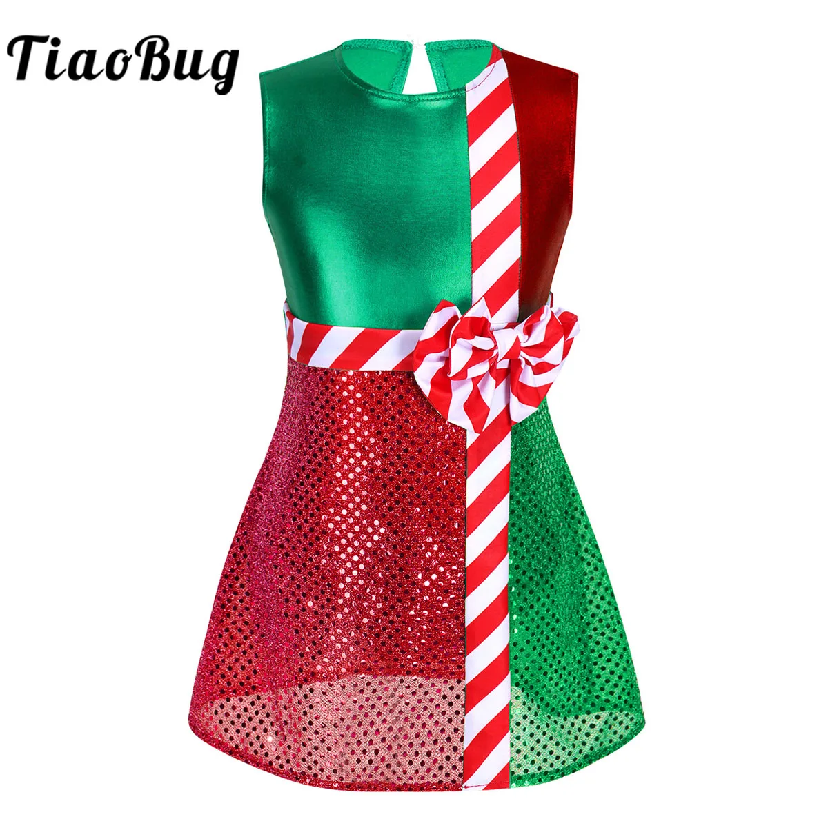 

Kids Girls Candy Cane Christmas Dress Santa Claus Costume Sequins Stripe Bowtie Xmas Dance Figure Skating Tutu Leotard Dancewear