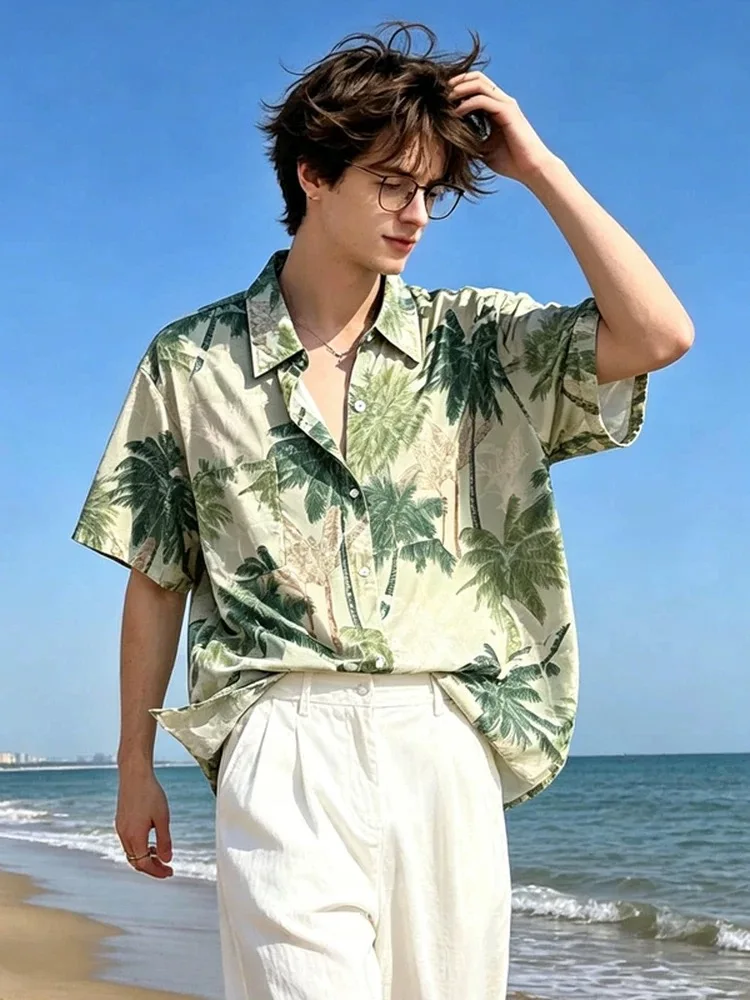 Man Tropical Palm Tree Print Beach Holiday Shirts Tops Male Casual Island Travel Thailand Blouse Cool Quick Dry Loose Trendy Top