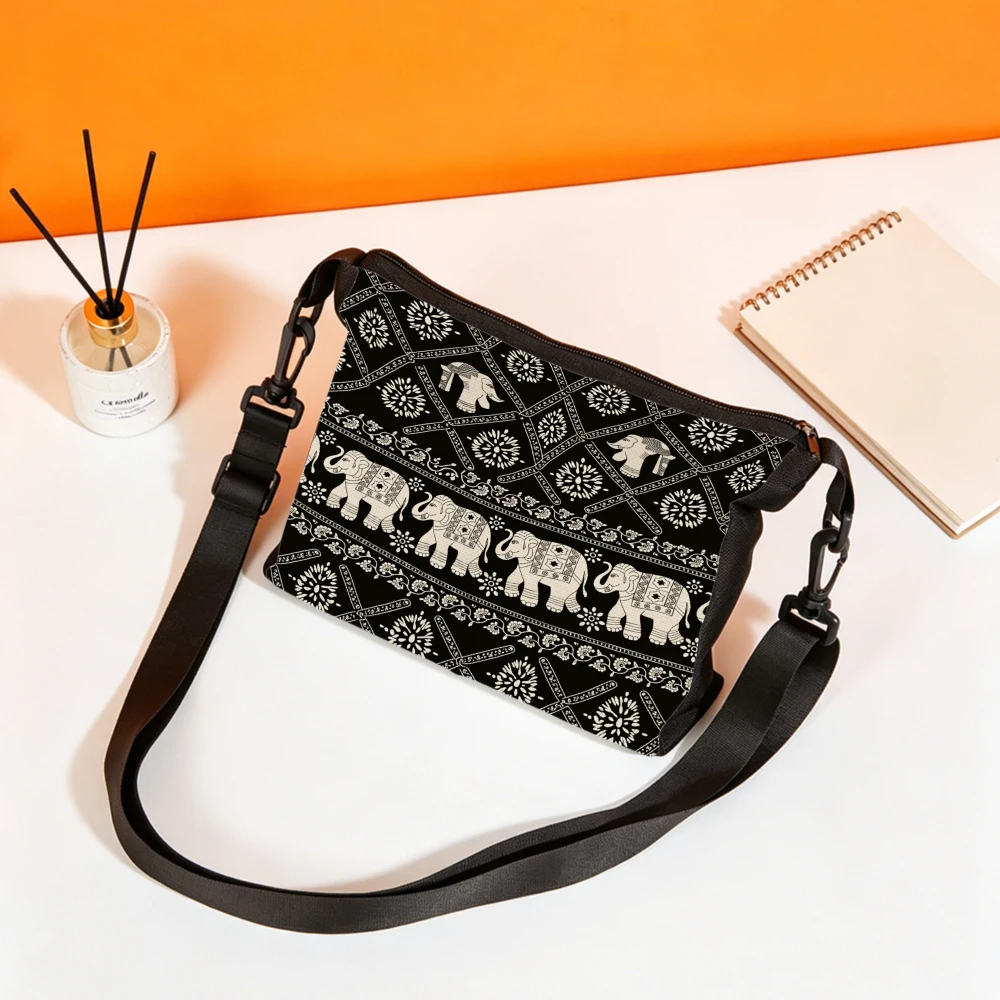 1pc Ethnic Elephant Pattern Crossbody Bag Black Animal Print And Geometric Design Shoulder Bags For Women Casual Daily Use Pouch