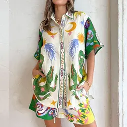 Fashion Printed Short Shirt And Shorts Two Piece Sets Summer Holiday Loose Suits Casual Beachwear Streetwear Women Outfits Cloth