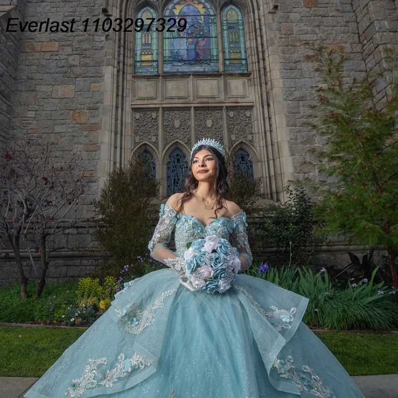 EVLAST индивидуальное мятное платье Quinceanera, бальное платье с 3D цветочной аппликацией, многоуровневый корсет из бисера, Sweet 16, Vestidos De 15 Años TQD875