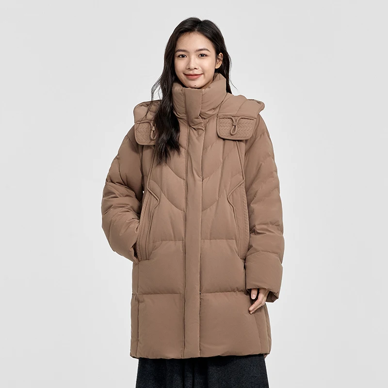 Chericom Mittellange, solide Daunenjacke mit befestigter Kapuze, Zwei-Wege-Reißverschluss vorne, gestrickte elastische Bündchen, schräge Taschen, Y308130Y