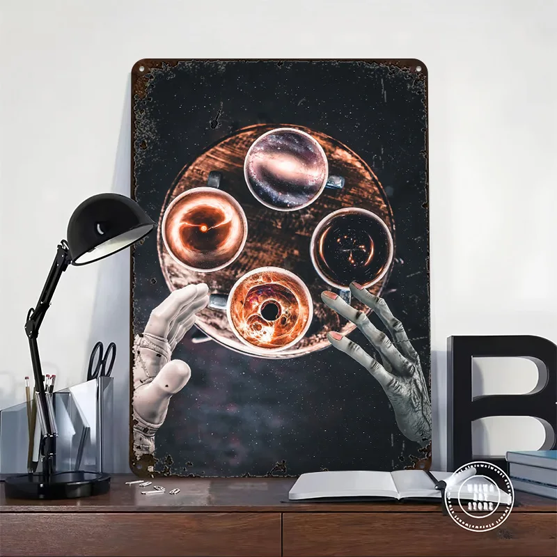Space Object Coffee Mug Metal Poster Customized Wall Art Retro Vintage Tinplate Signs for Man Cave Bathroom Decor House Home