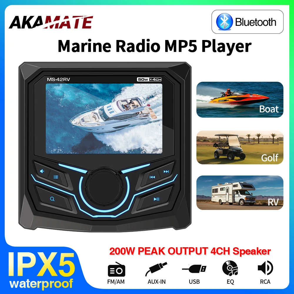 

Marine Radio MP5 Stereo Square Boat Speaker FM AM AUX Waterproof IPX5 Boat Bluetooth Multimedia Player for RV ATV UTV SPA RZR
