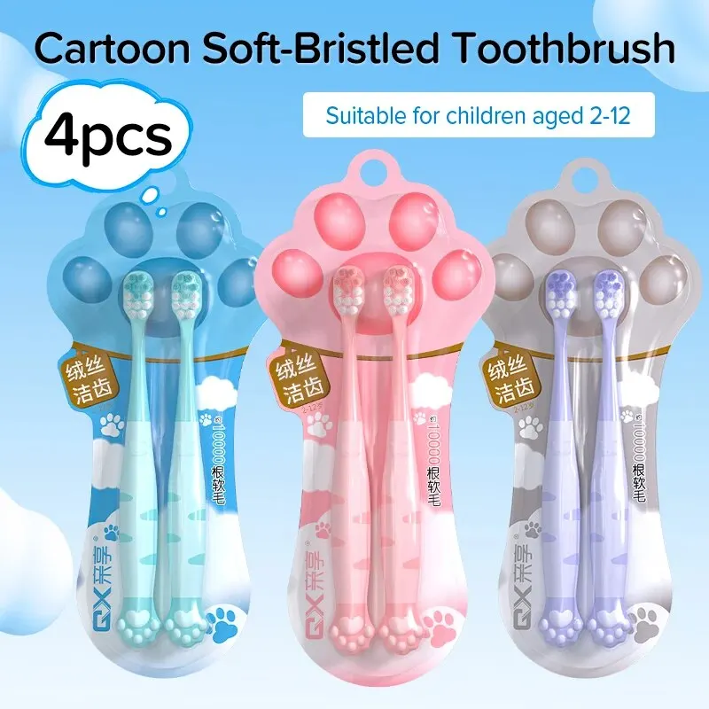 4PCS Cartoon Cute Cat Claw Shaped Children\'s Soft Bristled Toothbrush Suitable For Cleaning The Oral Cavity For Ages 2-12