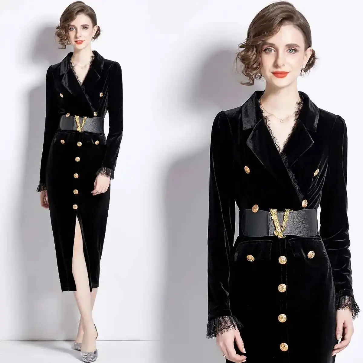 

JAMERARY Fashion Blazer Suit Coat Long Dress Women Autumn Winter Single Breasted Pencil Midi Slit Sheath Dress Female