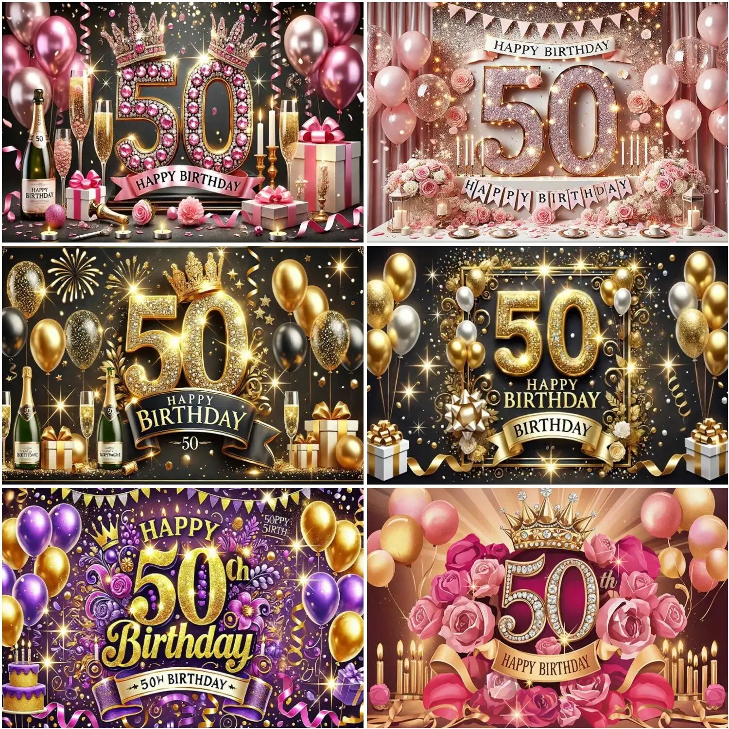 

Sparkling Elegant 50th Birthday Backdrops Black Gold Happy Birthday Party Backgrounds Rose Diamonds Adult Decoration Supplies