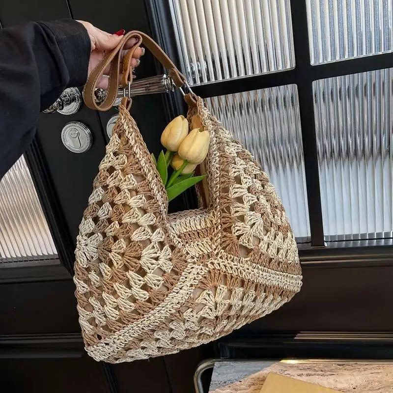 

Женская плетеная сумка из соломки 2024: летняя пляжная мягкая сумка через плечо, плетеная из бумажной веревки, модная сумка-тоут для отпуска