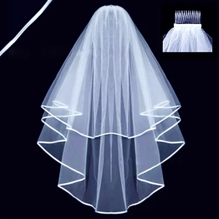 Voile court en tulle ivoire blanc pour femme, bord ruban, patients avec peigne pour mariées, olympiques de fête, voile de mariage, 2 niveaux