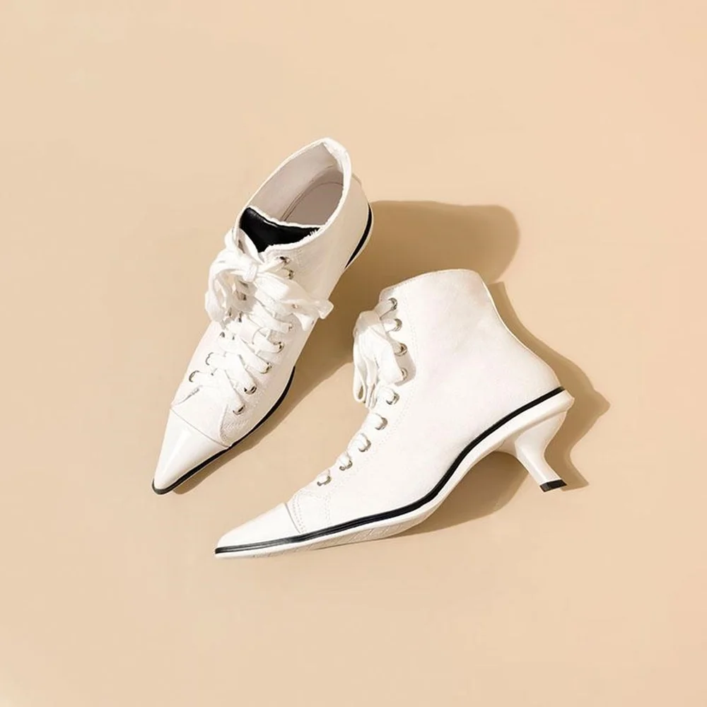 

White Pointed Toe Women's Fashion Short Boots 2025 Spring New Lace-Up Street Model Catwalk Weird Heel Boots Party Casual Boots