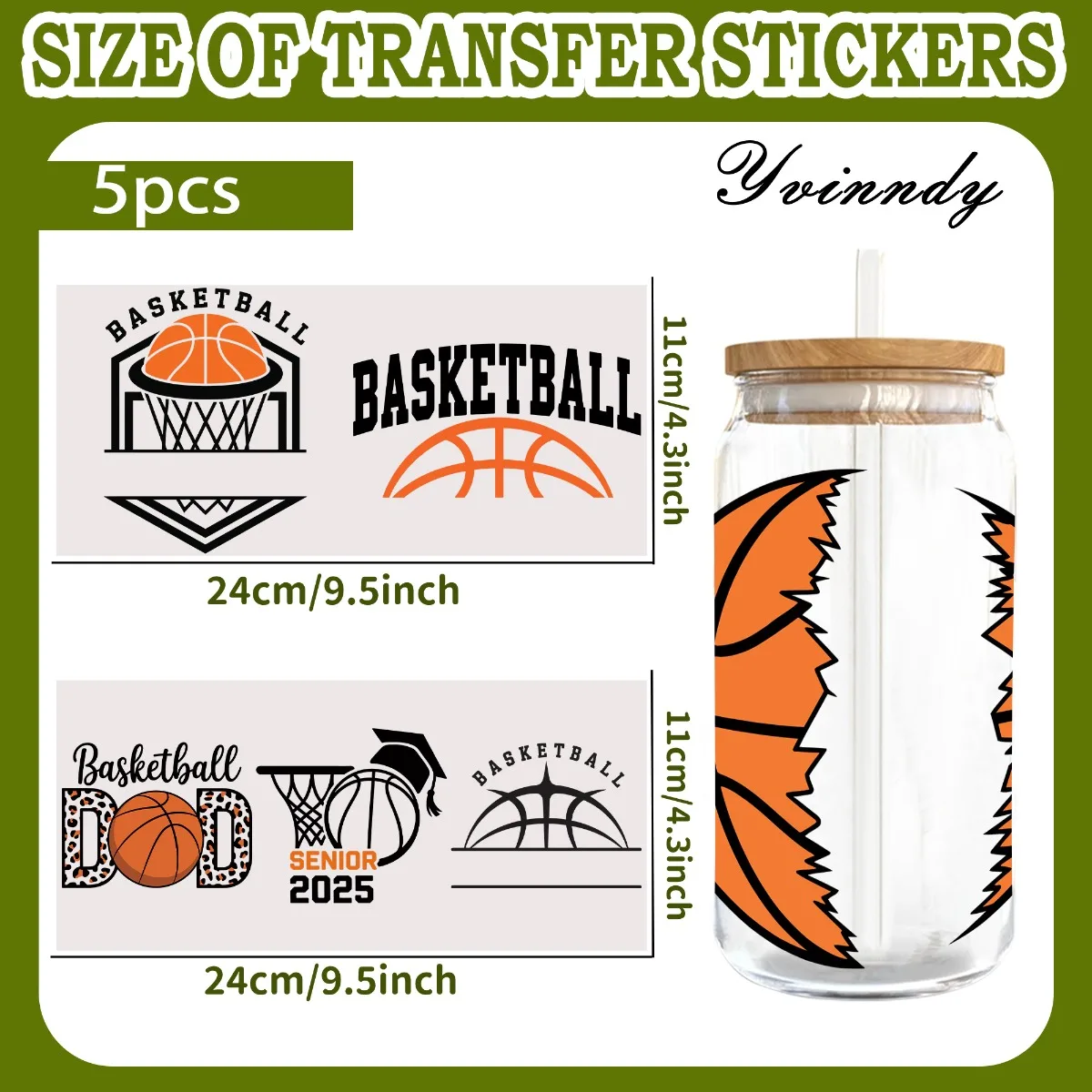 5PCS/SETBasketball Theme UV DTF DIY 16OZ Transfer Sticker For DIY Cups,Computer Scrapbook Etc. (Only Stickers Included)