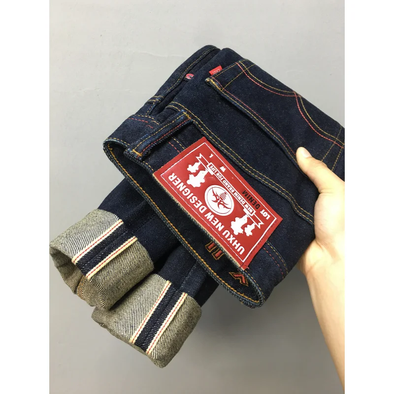 

Fashionable high-end original color jeans for men, trendy embroidery, slim fit straight leg, heavyweight washed long pants