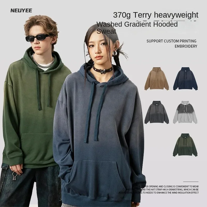 

Unisex 370g Heavy-duty Washed Gradient Hooded Sweatshirt, Men's Loose Retro Street Print Customization Hoodies for Men