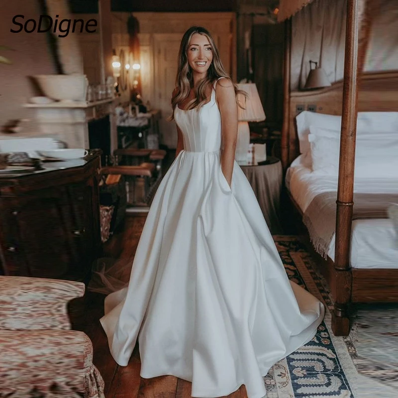 

SoDigne A-line Simple Satin Wedding Dress Spaghetti Straps Sleeveless Bride Dresses Long Bridal Gowns vestidos de novia 2024