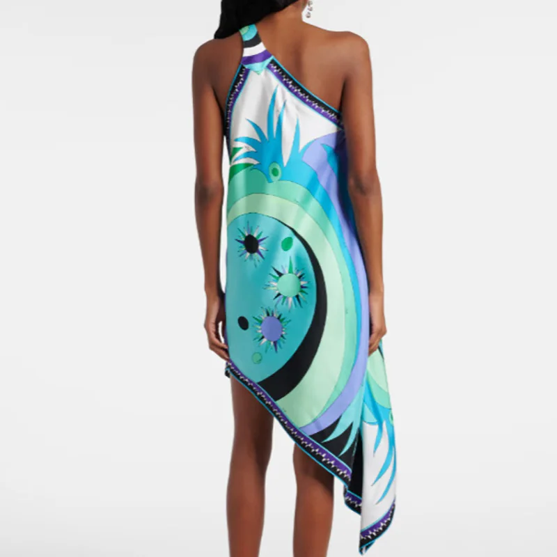 Sommer Sexy Geneigte Schulter Hohl Satin Kleid Frau Casual Druck Lose Unregelmäßige Kleid Frühling Skew Kragen Backless Langes Kleid