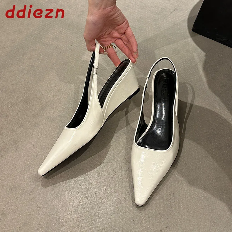 

New Spring Fashion Wedges Ladies Sandals Slip On Shoes Female Mules Pumps Elegant Pointed Toe Women Heeled Sandal Wedges Shoes