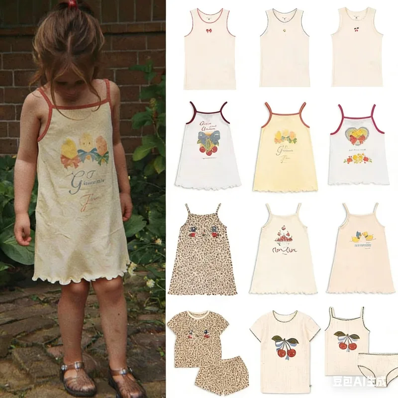 

Girls' Dress 2026 Summer New Print Fashion Cherry Children's Suspender Dress Cotton Cute T-shirt Shorts Set Children's Clothing