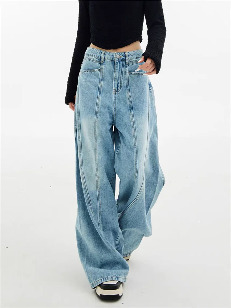 Jean Vintage Patchwork bleu à jambes larges pour femme, pantalon en Denim, mode américaine, bas taille haute, droit, ample