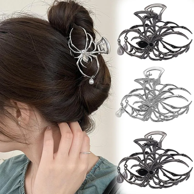 Jepit Rambut Bentuk Laba-laba Antik Halloween Baru Jepit Rambut Hiu Logam Berlian Imitasi Mutiara Aksesori Rambut untuk Alat Penata Wanita