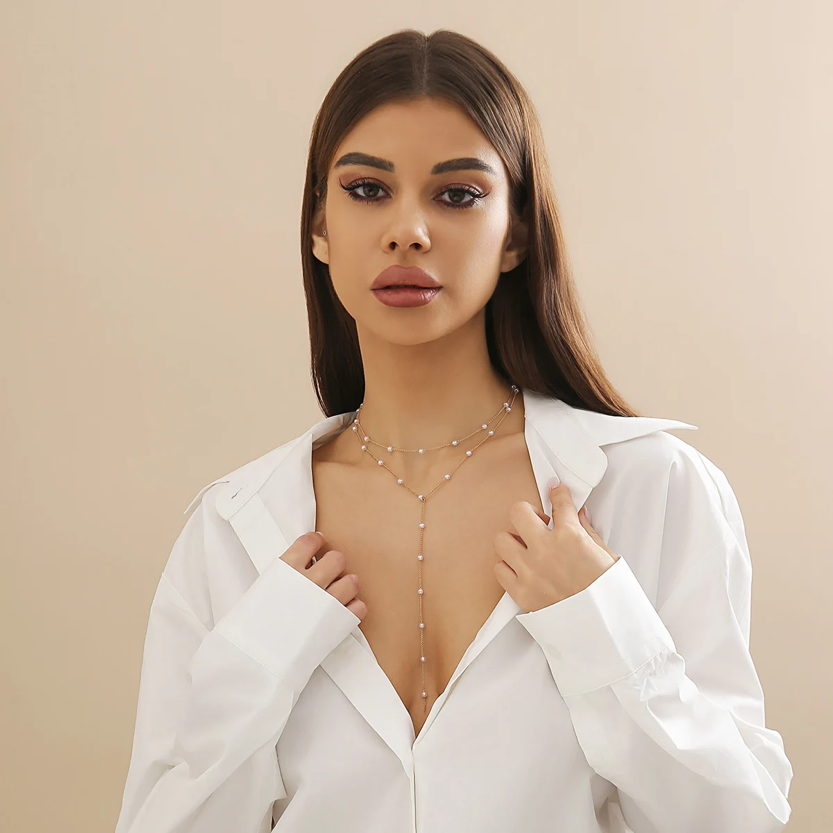Ingemark Vintage Elegant Imitation Pearl Long Chain Necklace Women Goth Sexy Beads Tassel Chest Choker Wed Jewelry Accessories
