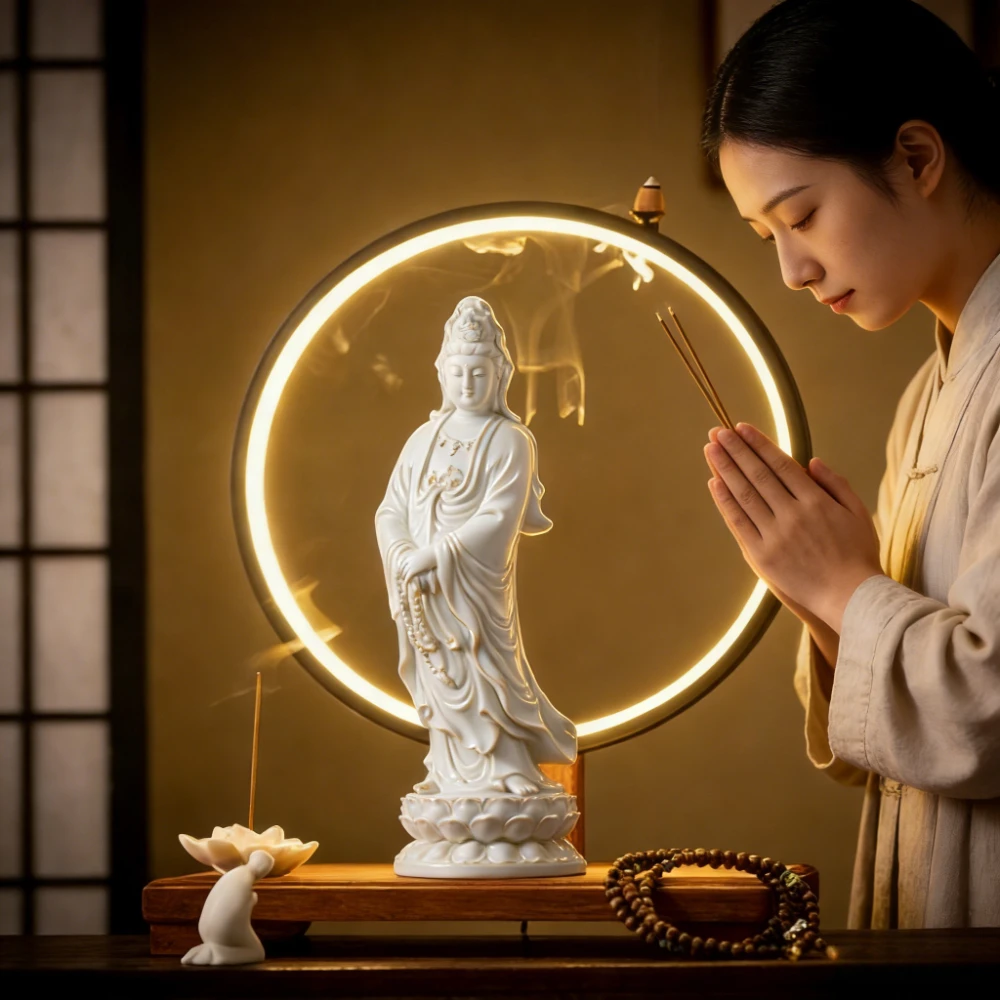Lamp Ring Ceramic Lotus Flower Southern Sea Guanyin Bodhisattva Buddha Statue Decorative Item,home White Porcelain Decorative