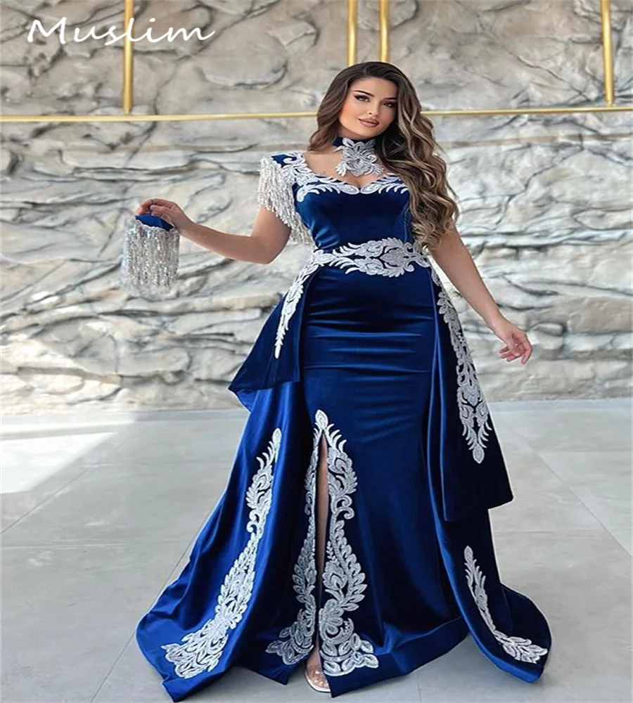 Vintage Blue Moroccan Evening Dress With Detachable Train Appliques Mermaid Velvet Prom Dress Arabic Israel Party Customized