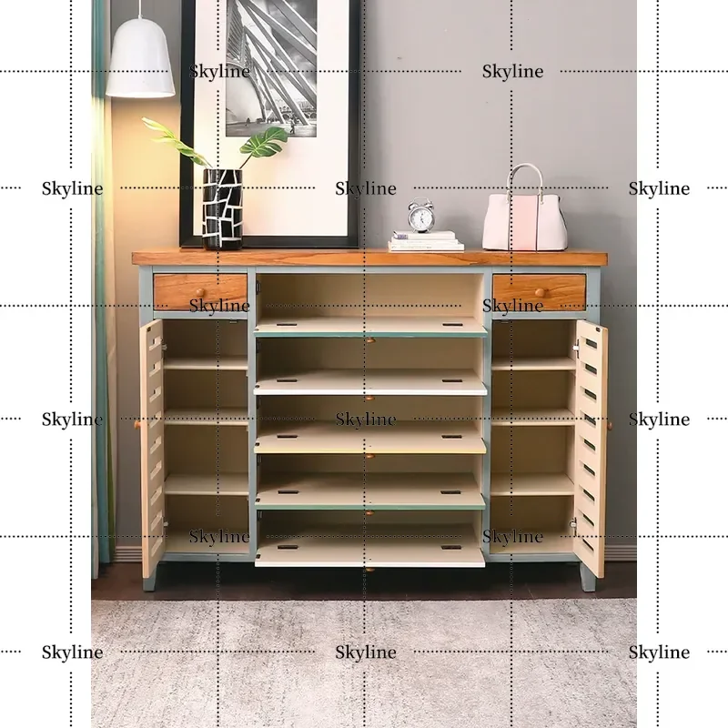 American Farmhouse Solid Wood Shoe Cabinet, Entryway Storage Locker with Drawer, Tipping Bucket Retro Design for Small Apartment
