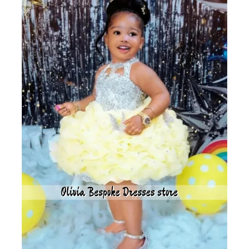 Lovely Sleeveless Flower Girl Dress for Wedding Ball Crystals Pearls Ruffles Princess Girl Birthday Party Evening Customized