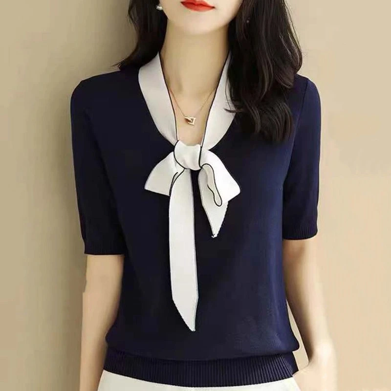 

Knitted Lace-up Short-sleeved Women's T-shirt Loose Short-sleeved Summer Thin Tops