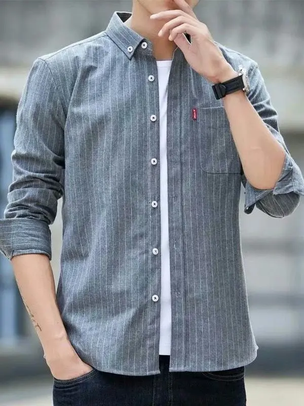 Men's Slim Fit Oxford Cloth Shirt Long Sleeve Striped Workwear Resistant to Dirt And Wear City Walk Casual Style Spring Autumn