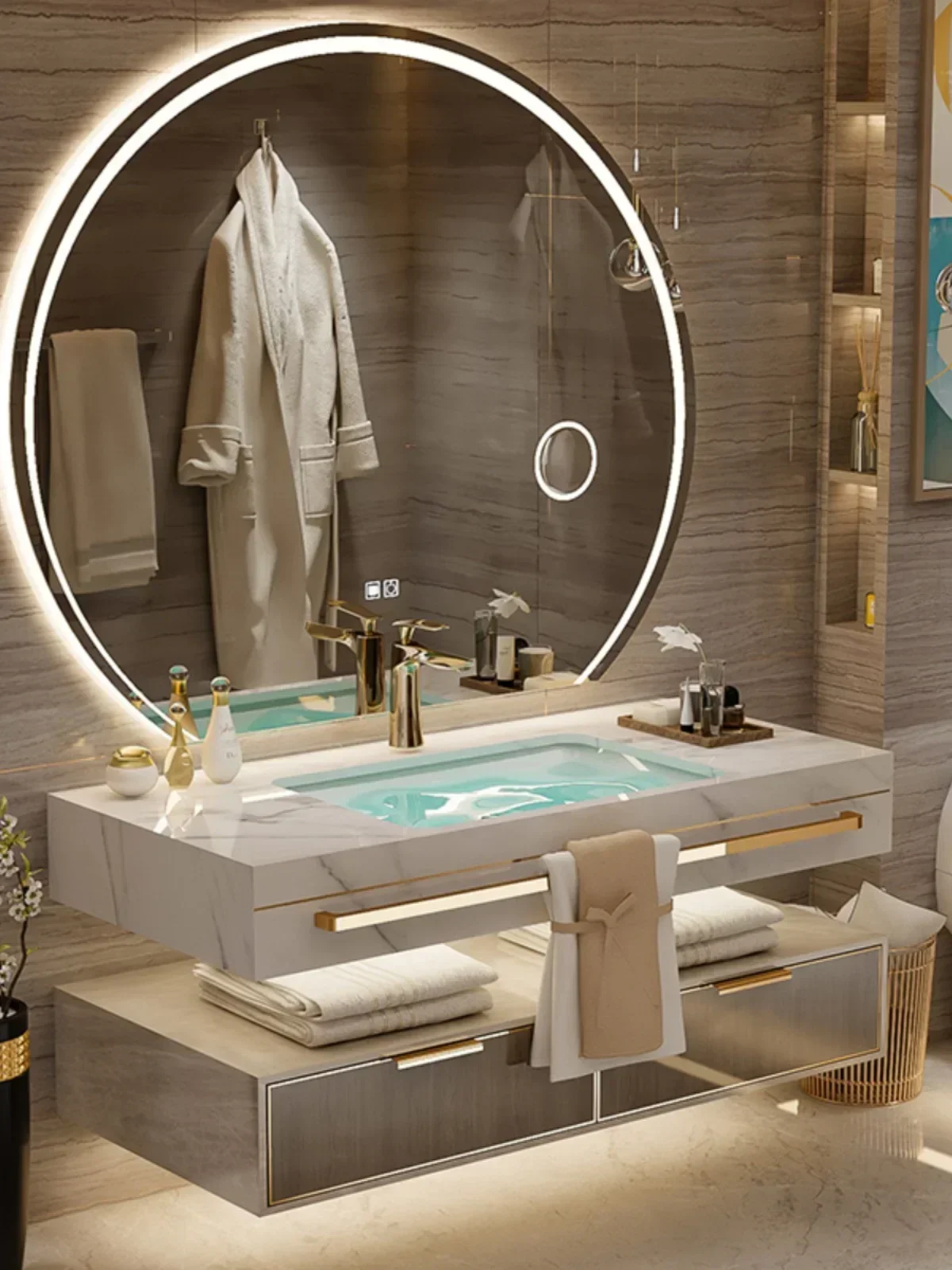 

YY Light Luxury Solid Wood Stone Plate Seamless Basin Bathroom Cabinet Combination Smart Washbasin Wash Basin Double Basin