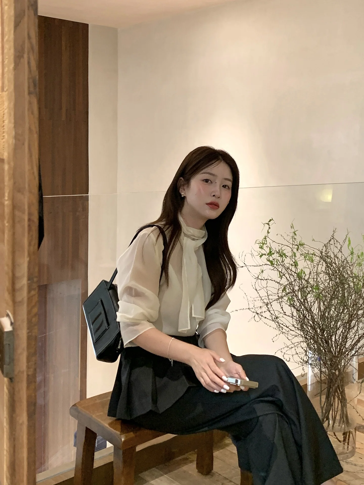 

Korean Style Women's Shirt Spring Summer Slimming Gentle Micro Transparency Belt Long Sleeve Top Skin-friendly Breathable