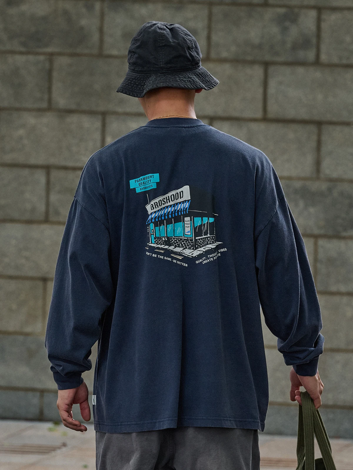 Broshood Vintage Hand-Drawn Style Long Sleeve T-Shirt Loose Fit Virtual Store Washed out Japanese Style Cotton Crew Neck Tee