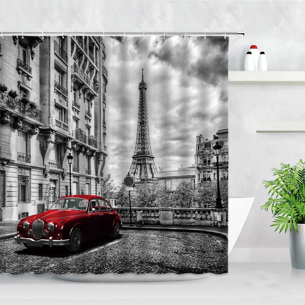 Vintage Paris Tower Shower Curtain Romantic Lovers London Booth Bathroom Curtains Oil Painting Art Decor Bath  with Hook