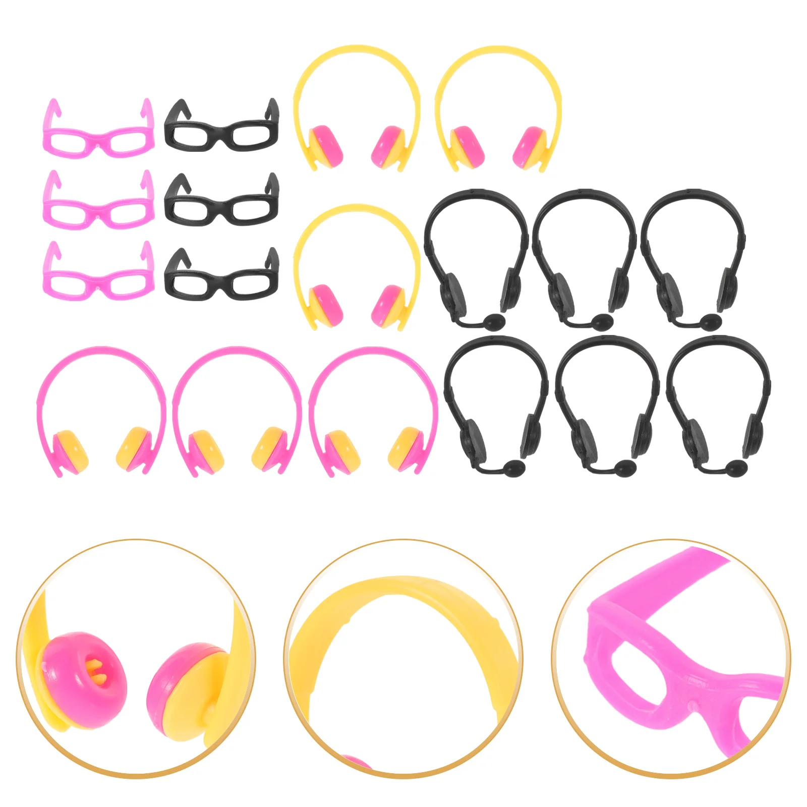 18 Pcs Mini Simulation Headphones Small Eyeglasses Dress-up Earphone Headset Plastic Sunglasses Music Miniature Props