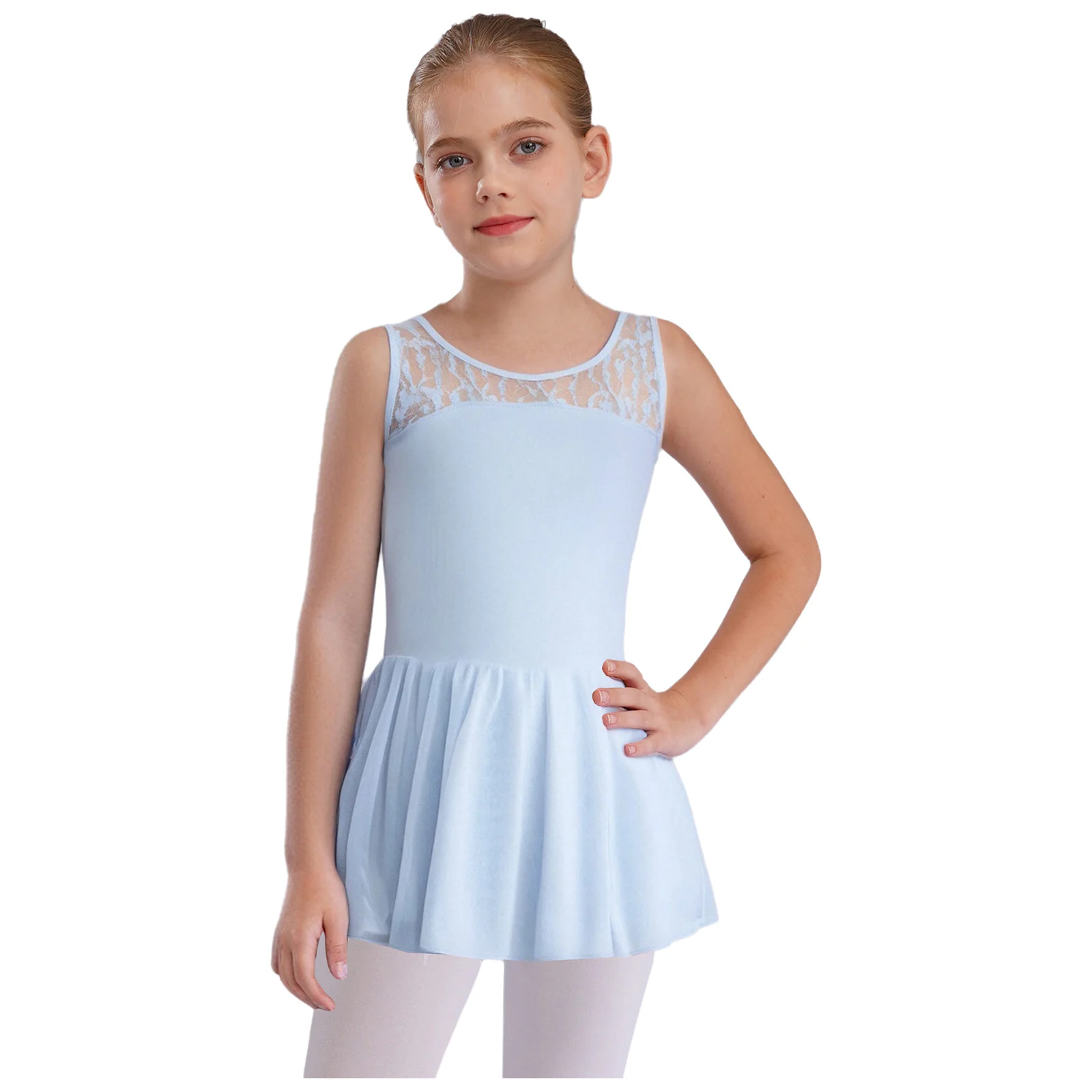 

Kids Girls Ballet Dance Practice Dress Sleeveless V-Back Floral Lace Patchwork Dance Leotard Dress Ballroom Performance Costume