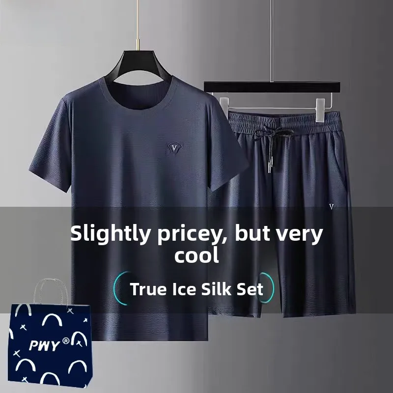 

Ультратонкий комплект из ледяного шелка: мужской летний спортивный костюм из двух предметов (футболка и шорты) для фитнеса, быстросохнущий, повседневный, молодежный
