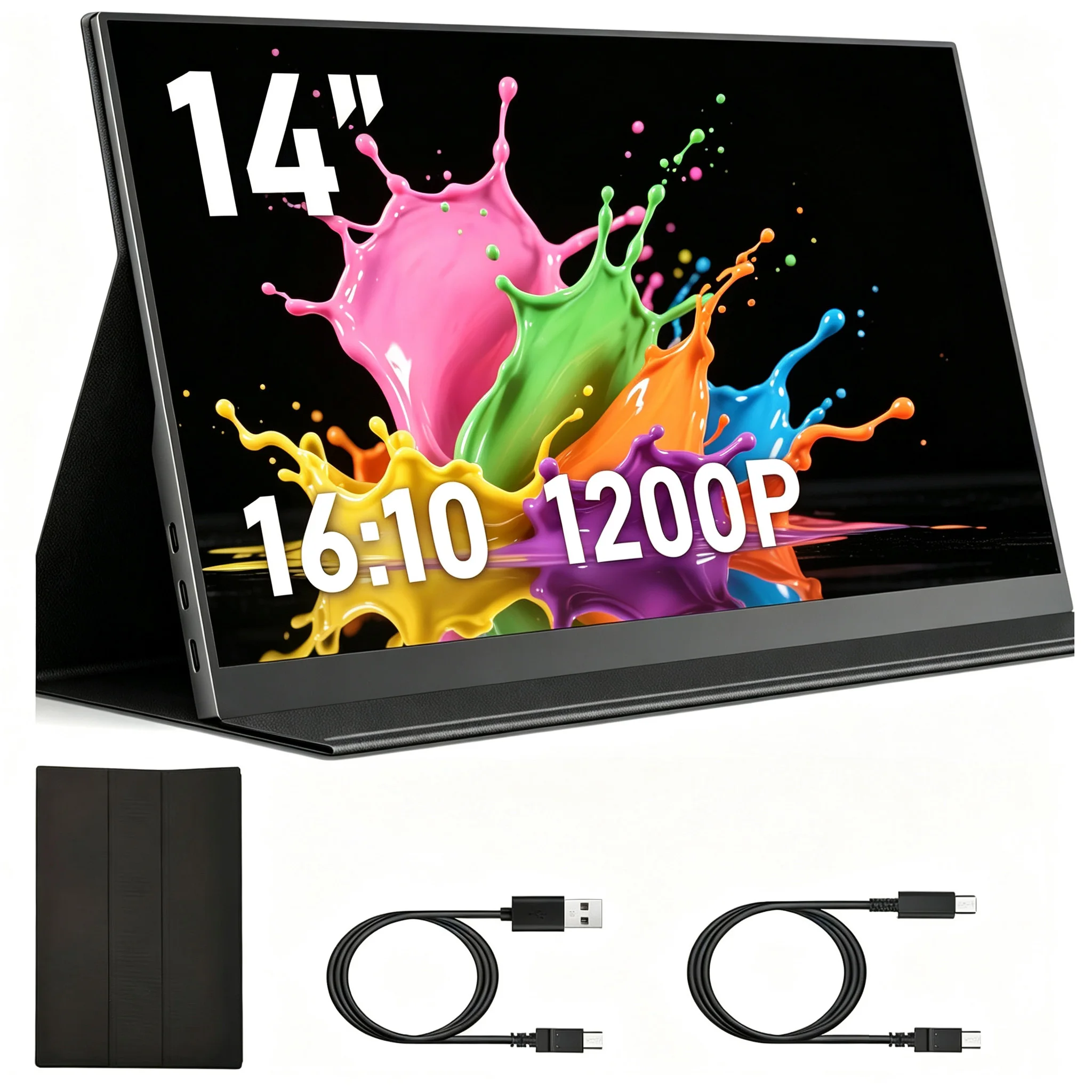 14 Inch Portable Monitor FHD 1920*1200 IPS 72%sRGB 16:10, Type-C & Mini HDMI Display with Protective Cover for Laptop Phone PS