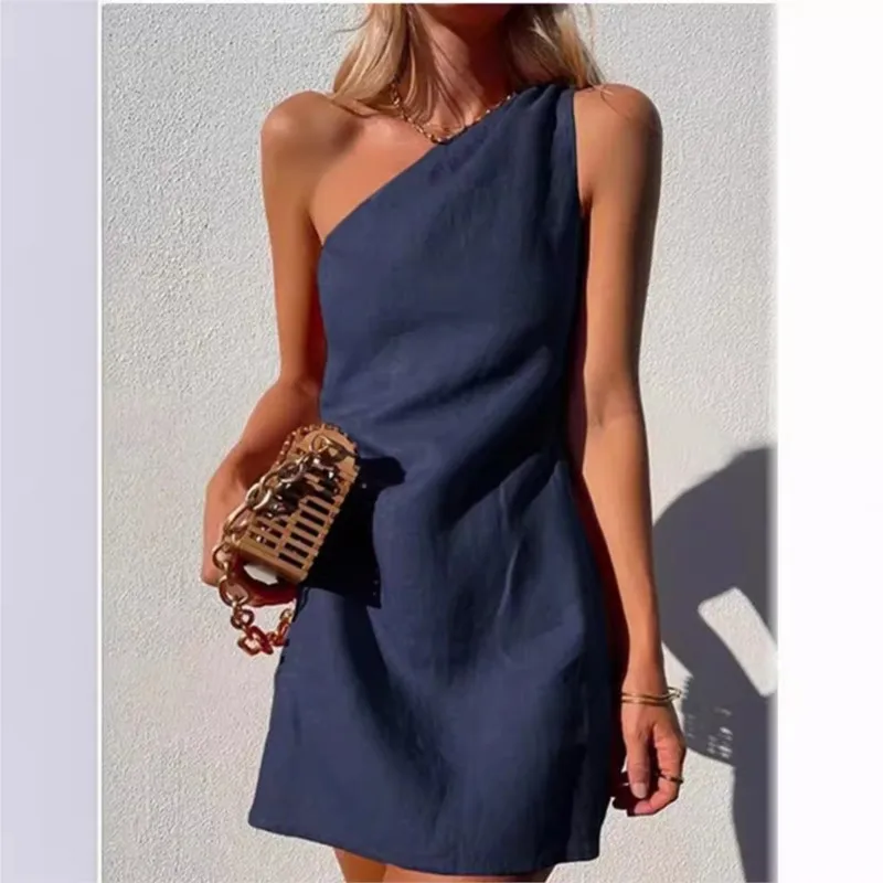 Summer Sexy Women Fashion Solid Mini Dress One-shoulder Asymmetric Diagonal Collar Cotton And Linen Casual Loose Elegant Dress