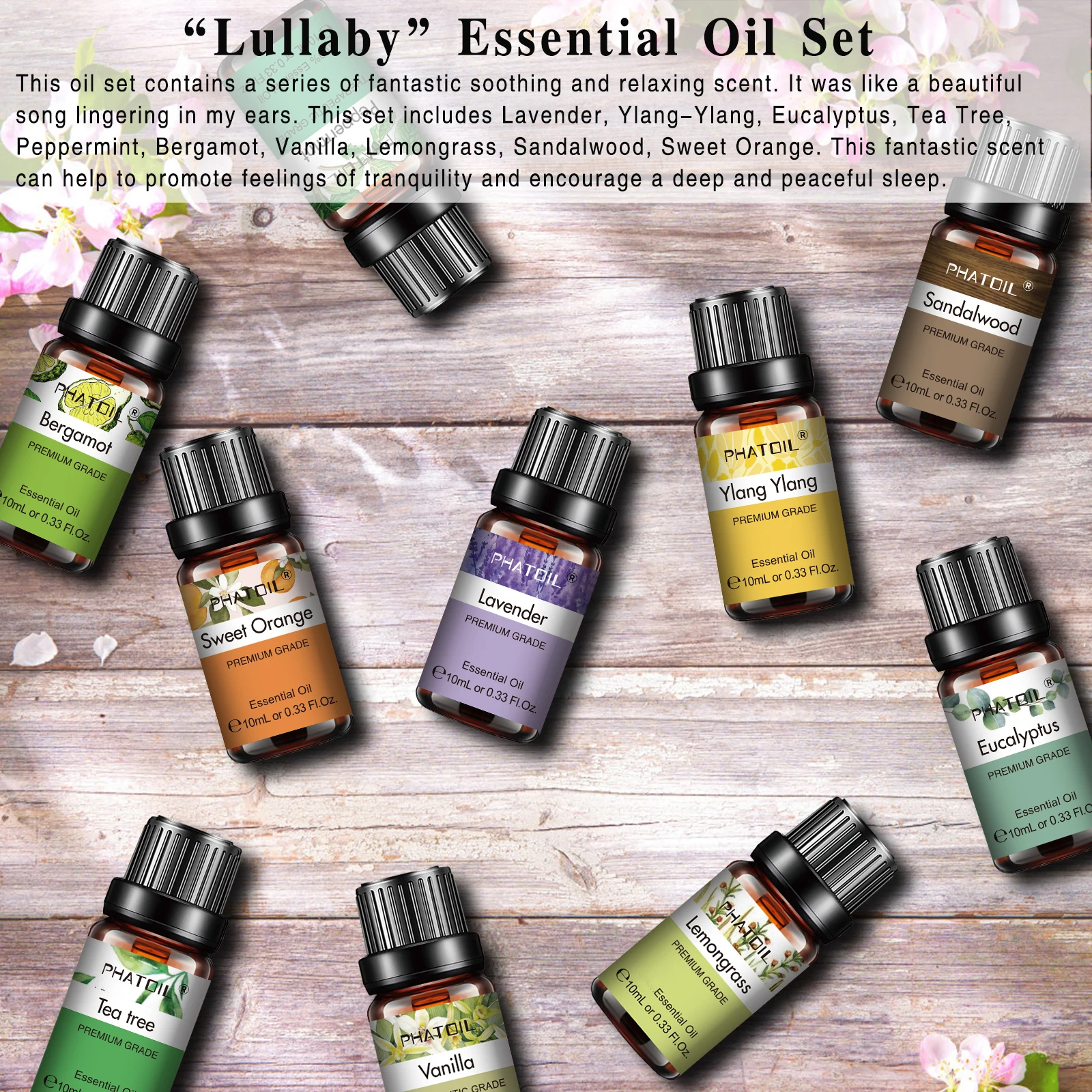 PHATOIL 10PCS Essential Oil Set For Diffuser-10ml Lavender Eucalyptus Bergamot Vanilla Sandalwood Tea Tree Fragrance Oils